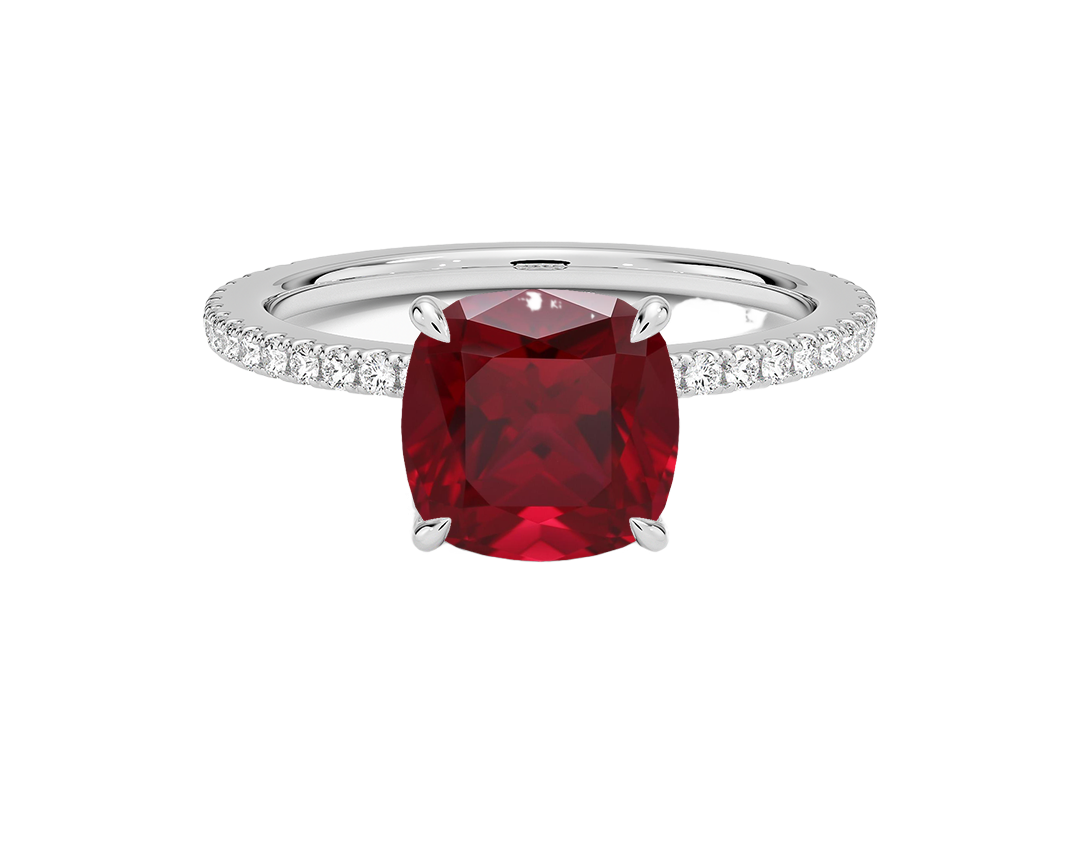 Red cushion-cut ruby engagement ring in yellow gold by SAMA