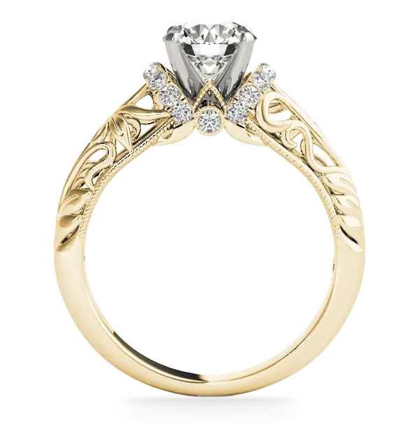 Yellow gold vintage-inspired engagement ring with floral detailing and round diamond by SAMA