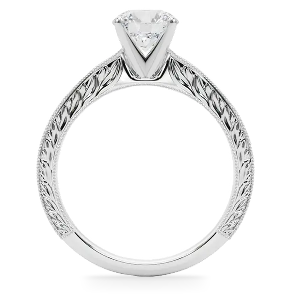 Platinum vintage engagement ring with hand-engraved band and classic solitaire setting by SAMA