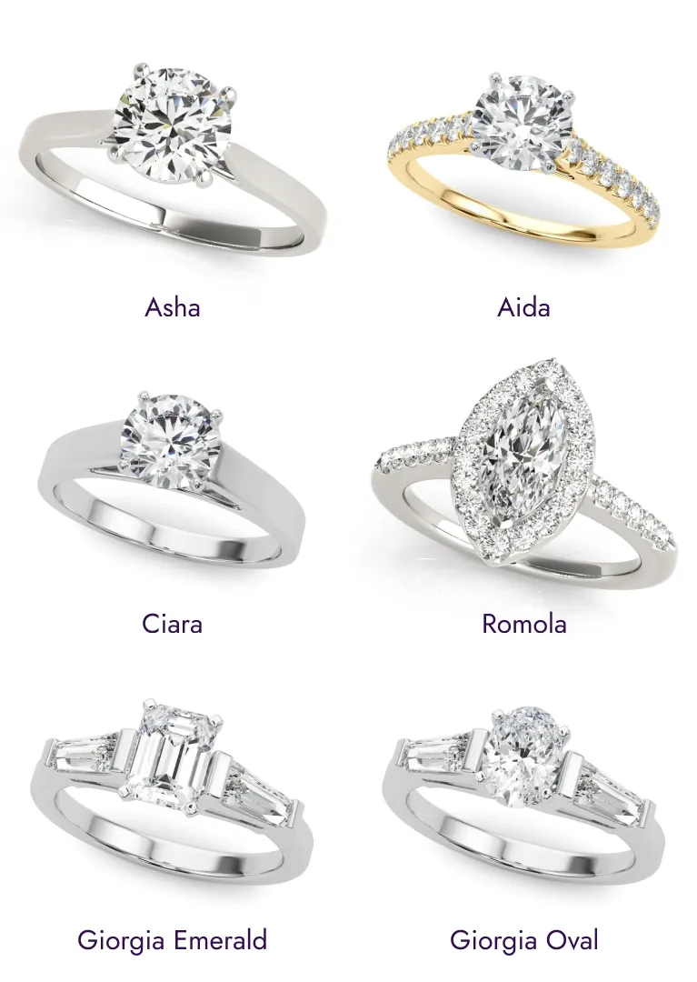 Solitaire, halo, and three-stone engagement ring settings comparison featuring Asha, Aida, Ciara, Romola, Giorgia Emerald, and Giorgia Oval