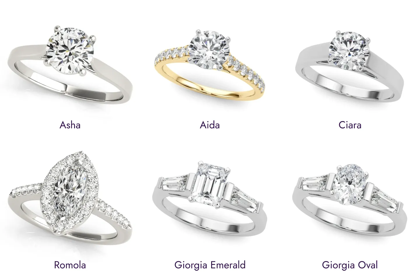 Solitaire, halo, and three-stone engagement ring settings comparison featuring Asha, Aida, Ciara, Romola, Giorgia Emerald, and Giorgia Oval