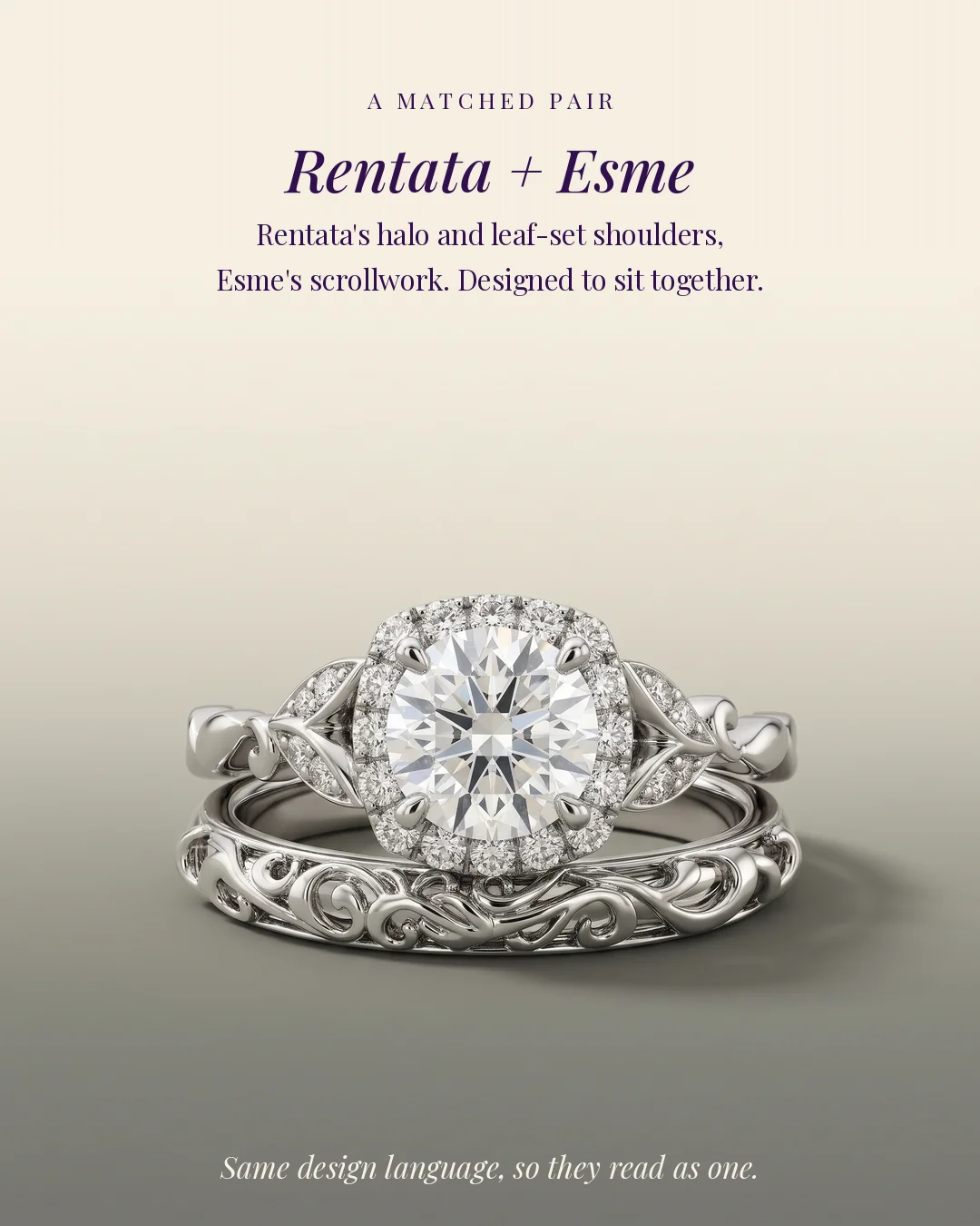 Rentata halo engagement ring with the Esme floral wedding band in white gold
