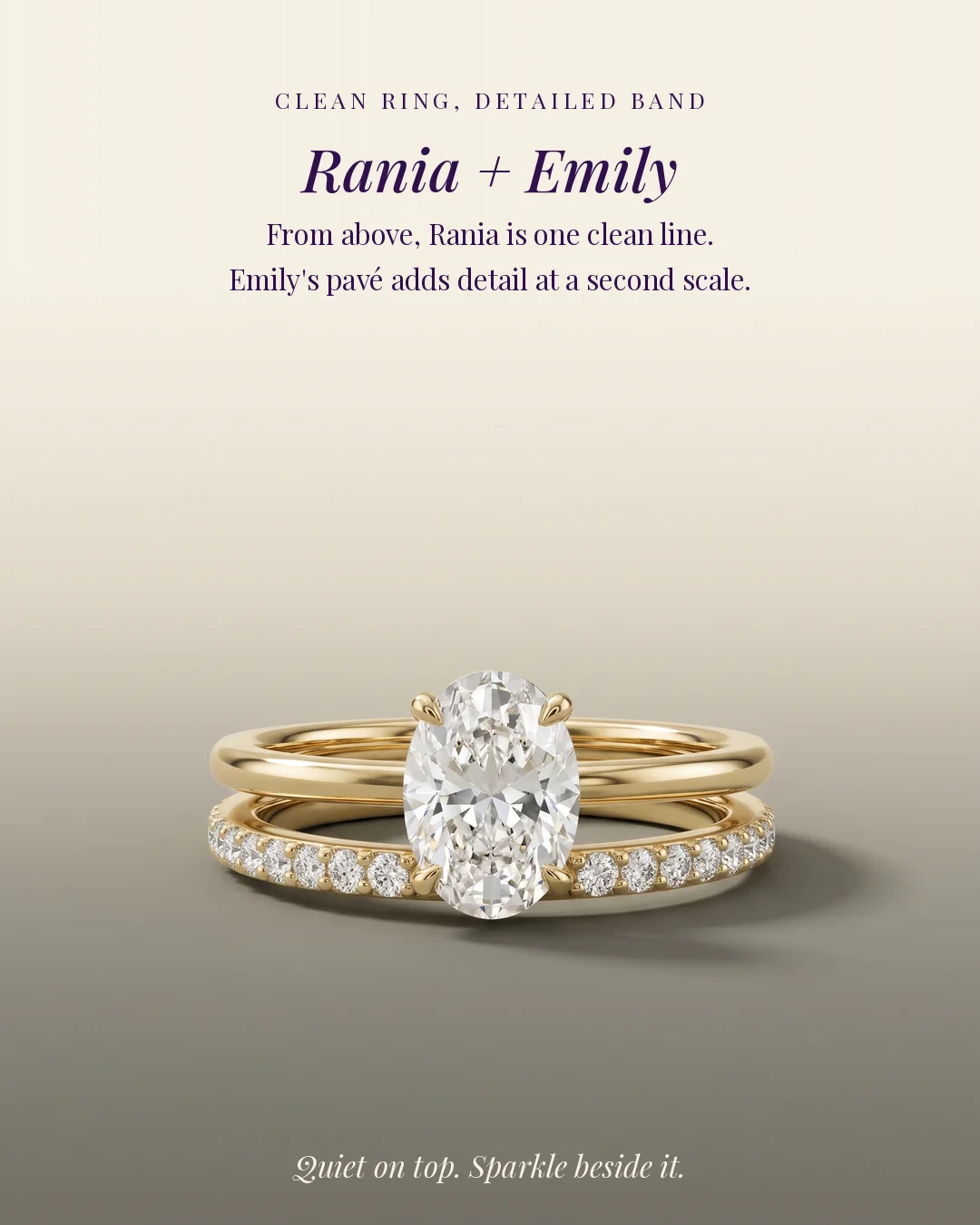 Rania oval engagement ring with the Emily diamond wedding band in yellow gold