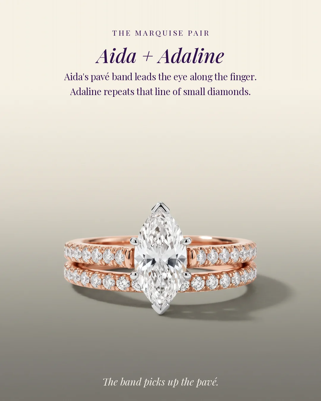 Aida marquise engagement ring with the Adaline diamond wedding band in rose gold