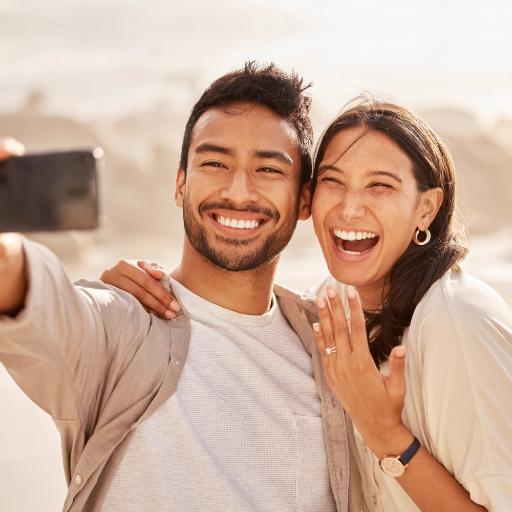 Side-by-side comparison of a winter proposal and a warm summer getaway couple moment.