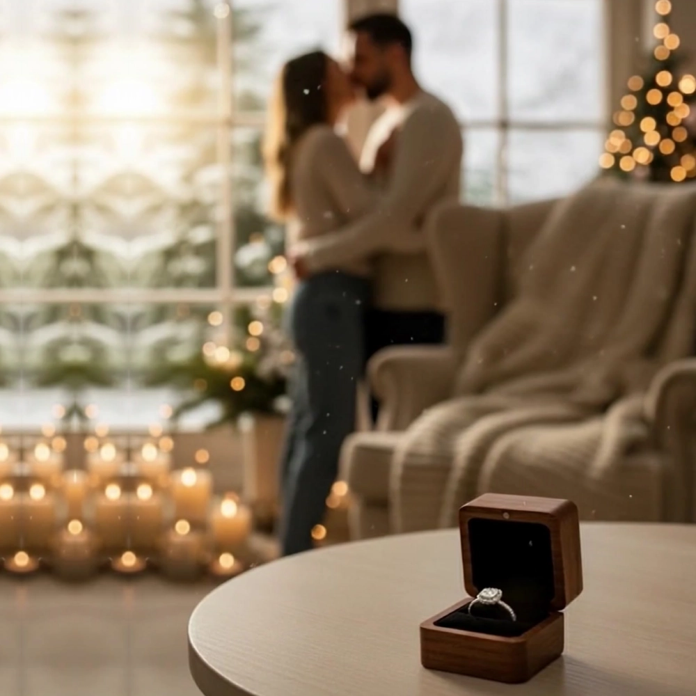 Romantic, soft-lit  proposal scene inspired by SAMA’s film, The Moment You Say Yes, with a SAMA diamond engagemet ring box positioned on a table in front of couple celebrating the moment surrounded by holiday décor.