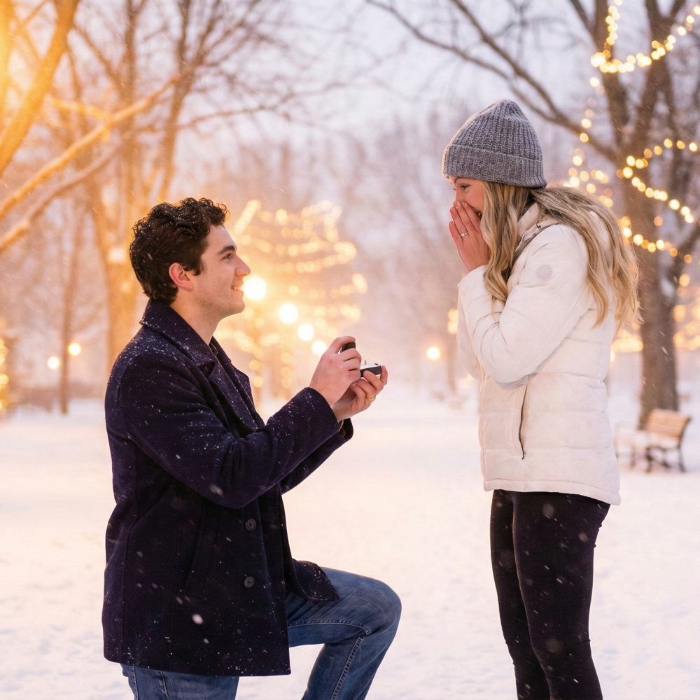 Side-by-side comparison of a winter proposal and a warm summer getaway couple moment.