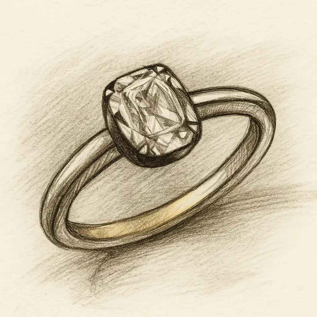 Pencil sketch of an elongated cushion-cut engagement ring in a sculptural minimalist bezel setting inspired by Zoë Kravitz.