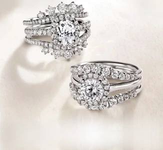 Matching bridal sets with diamond engagement rings and coordinating wedding bands by SAMA